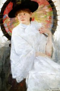 Boznańska Olga - Portrtait of a young woman with a red umbrella
