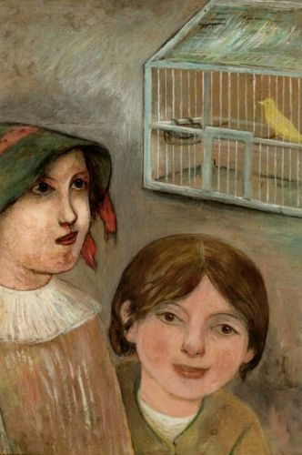 Makowski Tadeusz -Two little girls beside a cage with a canary