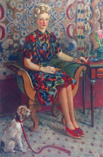 Mehoffer Józef - Portrait of a woman with a dog on a red leash
