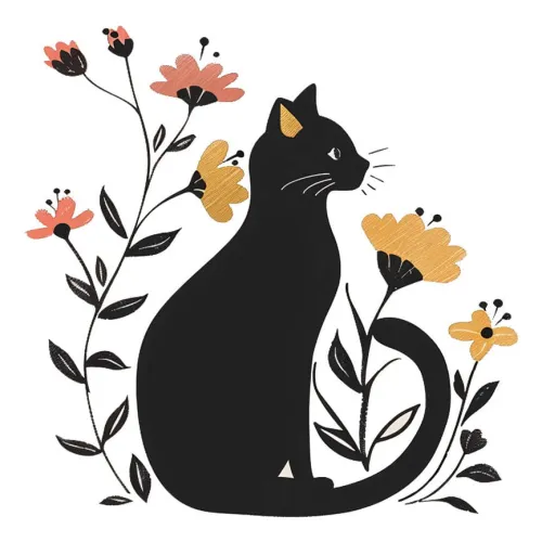Black Cat and Flowers
