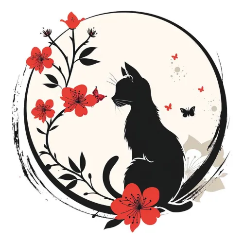 Black Cat and Flowers