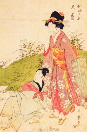 Utamaro Kitagawa - Young man tying a girl's sandal, Osome and Hisamatsu