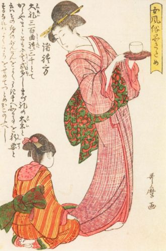 Utamaro Kitagawa - A woman with a tray and a sitting girl